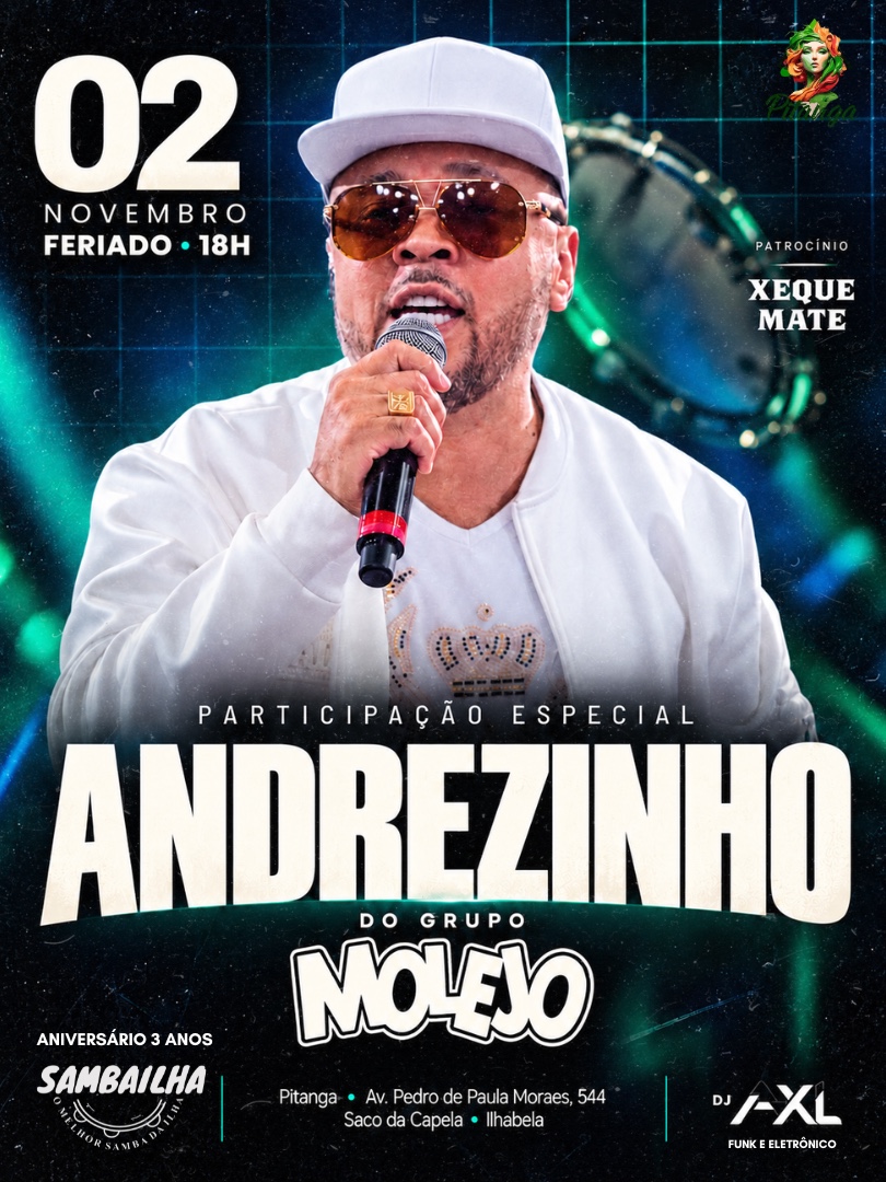 Cartaz oficial dos 3 anos do Sambailha, com Andrezinho do Molejo e DJ AXL, no Pitanga, 2 de novembro às 18h.