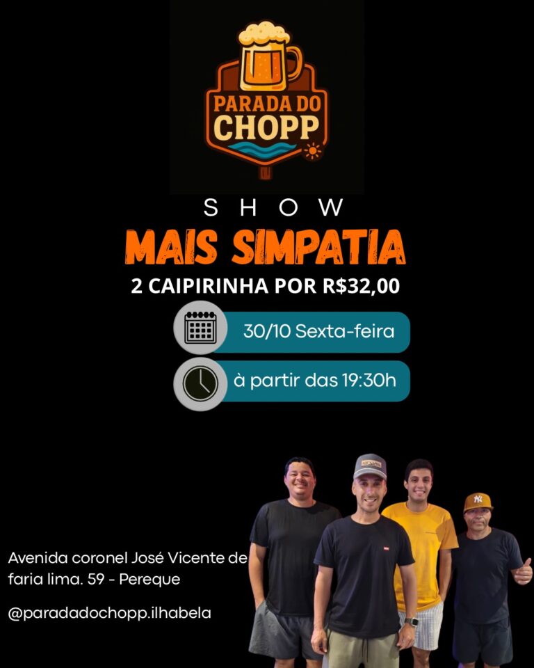 Cartaz oficial individual: Mais Simpatia, 30 de outubro de 2026, às 19h30, no Parada do Chopp, Perequê, Ilhabela.