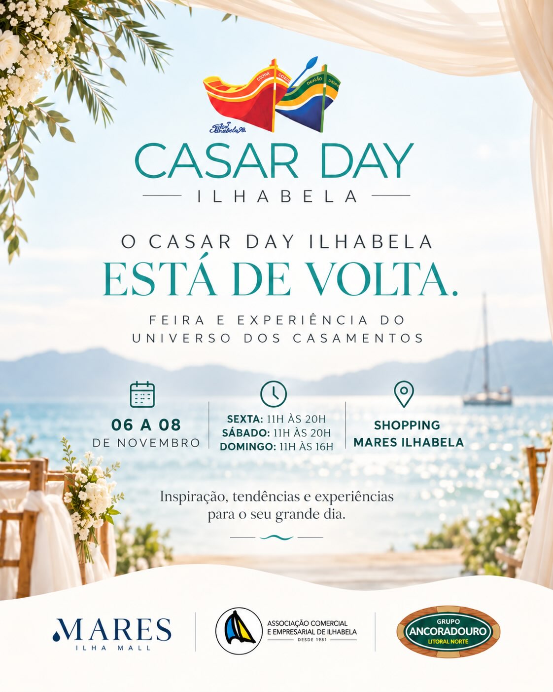 Casar Day no Shopping Mares, 6 a 8 de novembro: sexta e sábado das 11h às 20h; domingo das 11h às 16h. Arte oficial atualizada da Associação Comercial.