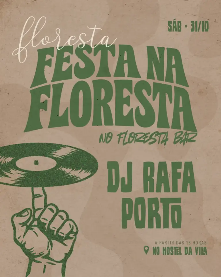 Arte oficial de DJ Rafa Porto — Festa na Floresta — 31/10/2026, no Floresta Bar do Hostel da Vila, divulgada pelo organizador no carrossel De-ga2OmOpX.