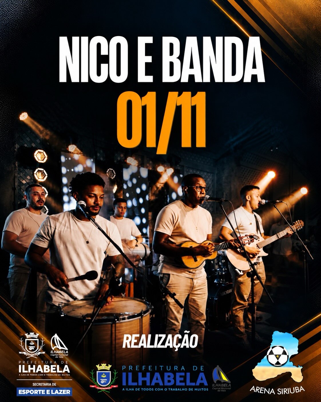 Arte oficial de Nico e Banda para 1º de novembro no Torneio de Futevôlei Arena Siriúba. Fonte: Arena Siriúba, carrossel DerzPrYFv8w, slide 2.