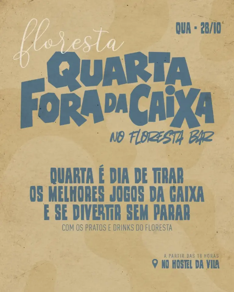 Arte oficial de Quarta Fora da Caixa — 28/10/2026, no Floresta Bar do Hostel da Vila, divulgada pelo organizador no carrossel De-ga2OmOpX.