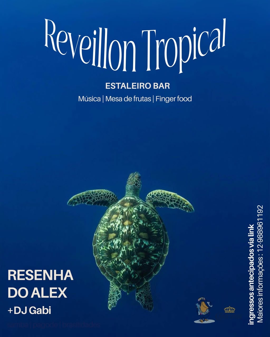 Arte oficial individual do Réveillon Tropical do Estaleiro Bar com Resenha do Alex e DJ Gabi.