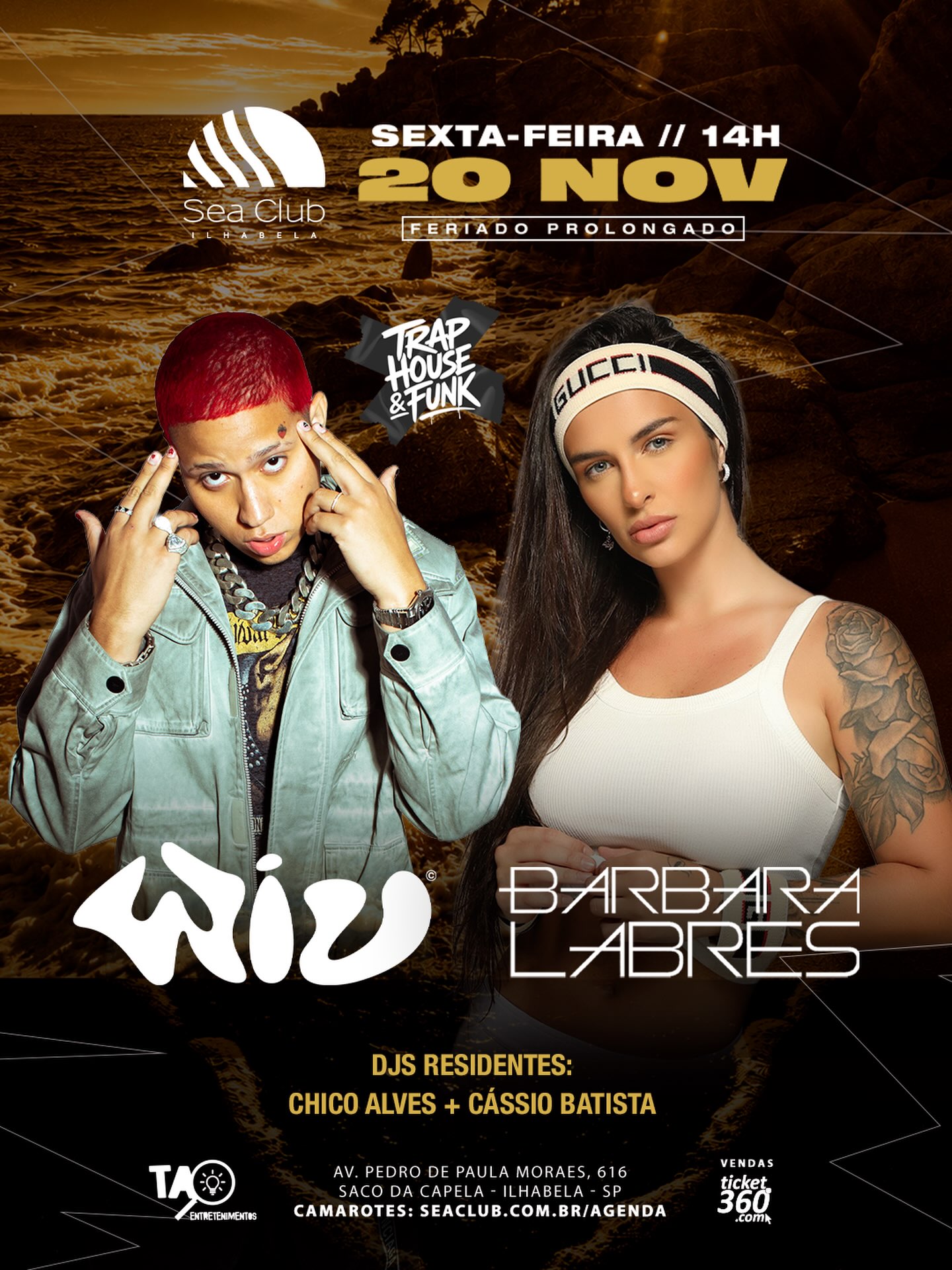 Cartaz oficial de WIU Sunset Party, em 20 de novembro, no Sea Club, com Bárbara Labres.