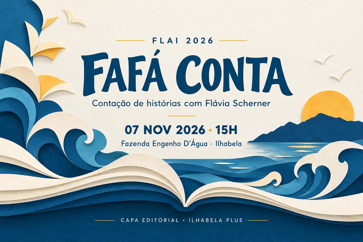 Capa editorial ilustrada: Fafá Conta com Flávia Scherner, FLAI,7/11/2026 às15h, Fazenda Engenho D’Água, Ilhabela.